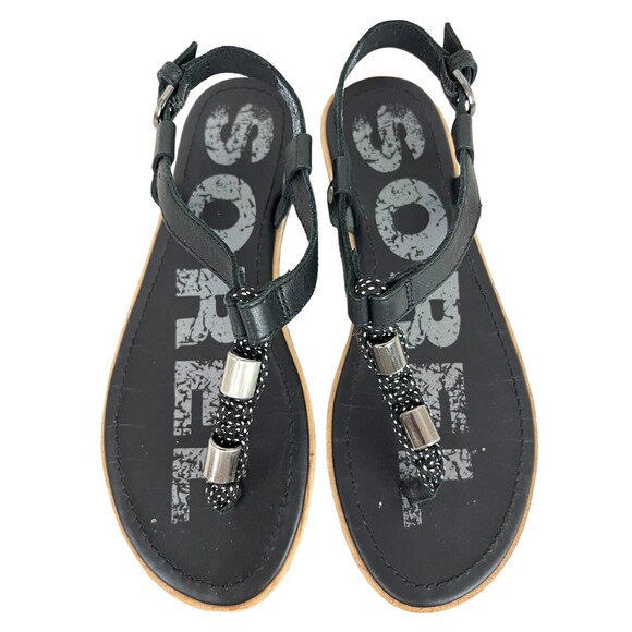 Sorel Womens Flat Ella T Strap Sandals  Size 6.5  Black Macrame & Leather Beaded - Picture 2 of 10